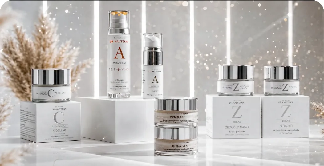 Skincare packaging range arranged on a white set